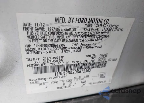 2013 Lincoln Mks из США, поврежденный, VIN 1LNHL9DK2DG612302